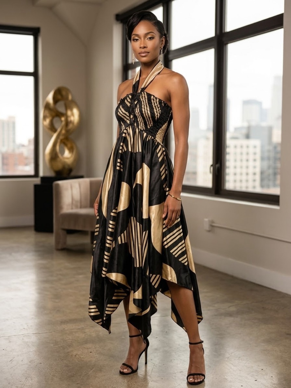 The Pyramid Collection Black and Gold Halter Handkerchief Midi Dress